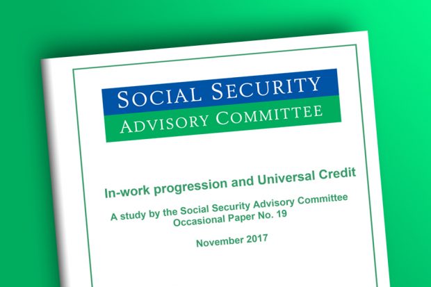 Photograph of the cover of a report by the Social Security Advisory Committee.  The report is called In-work progression and Universal Credit