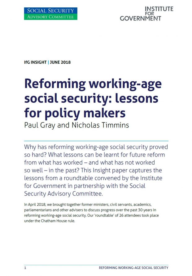 The cover of a reprort published by the Social Security Advisory Committee and Institute for Government. The report is called Reforming working-age social security: lesons for policy makers