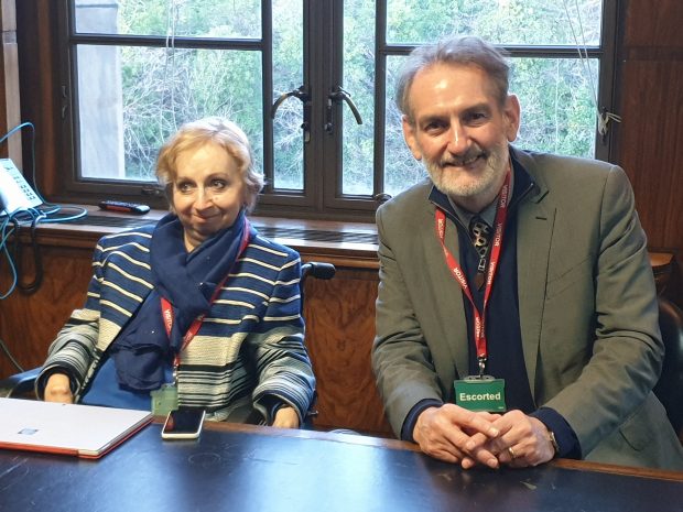 Photograph of Sally Witcher (Chair of the Scottish Commission on Social Security) meeting Sir Ian Diamond (Chair of the Social Security Advisory Committee) 