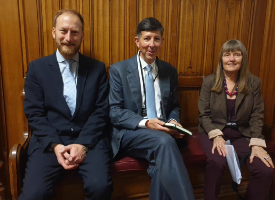 Liz Sayce sitting alongside SSAC member Carl Emmerson and SSAC Chair Stephen Brien in Parliament before giving evidence to the Work and Pensions Select Committee